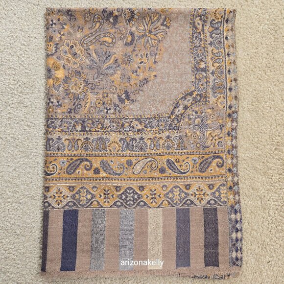 Accessories - NWOT Cashmere Jacquard Lightweight Jamawar Shawl Scarf Yellow Blue